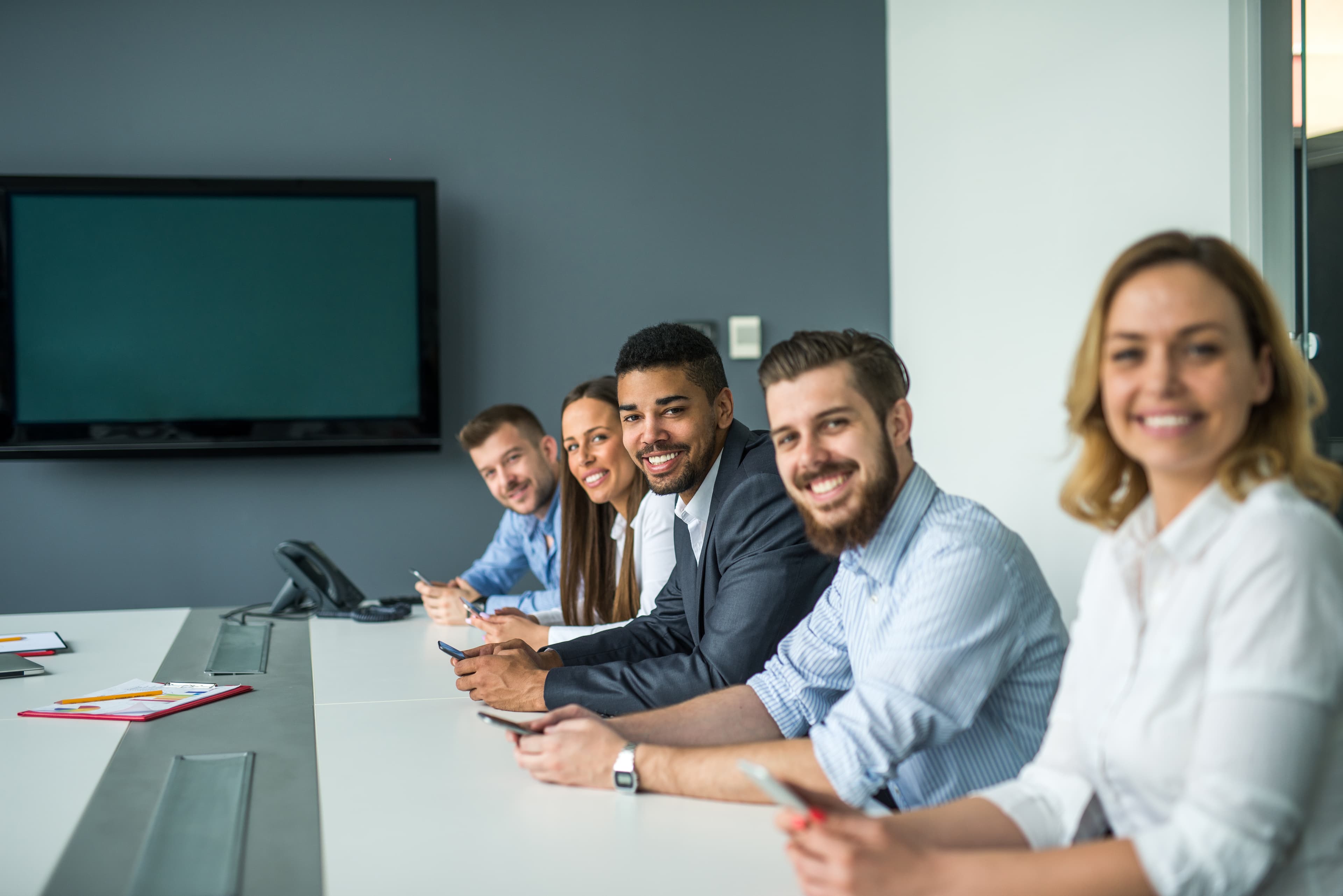 Business professionals discussing services